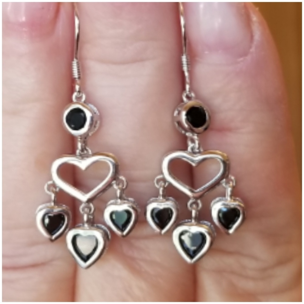 Genuine Black Sapphire Heart Dangle Hook Earrings